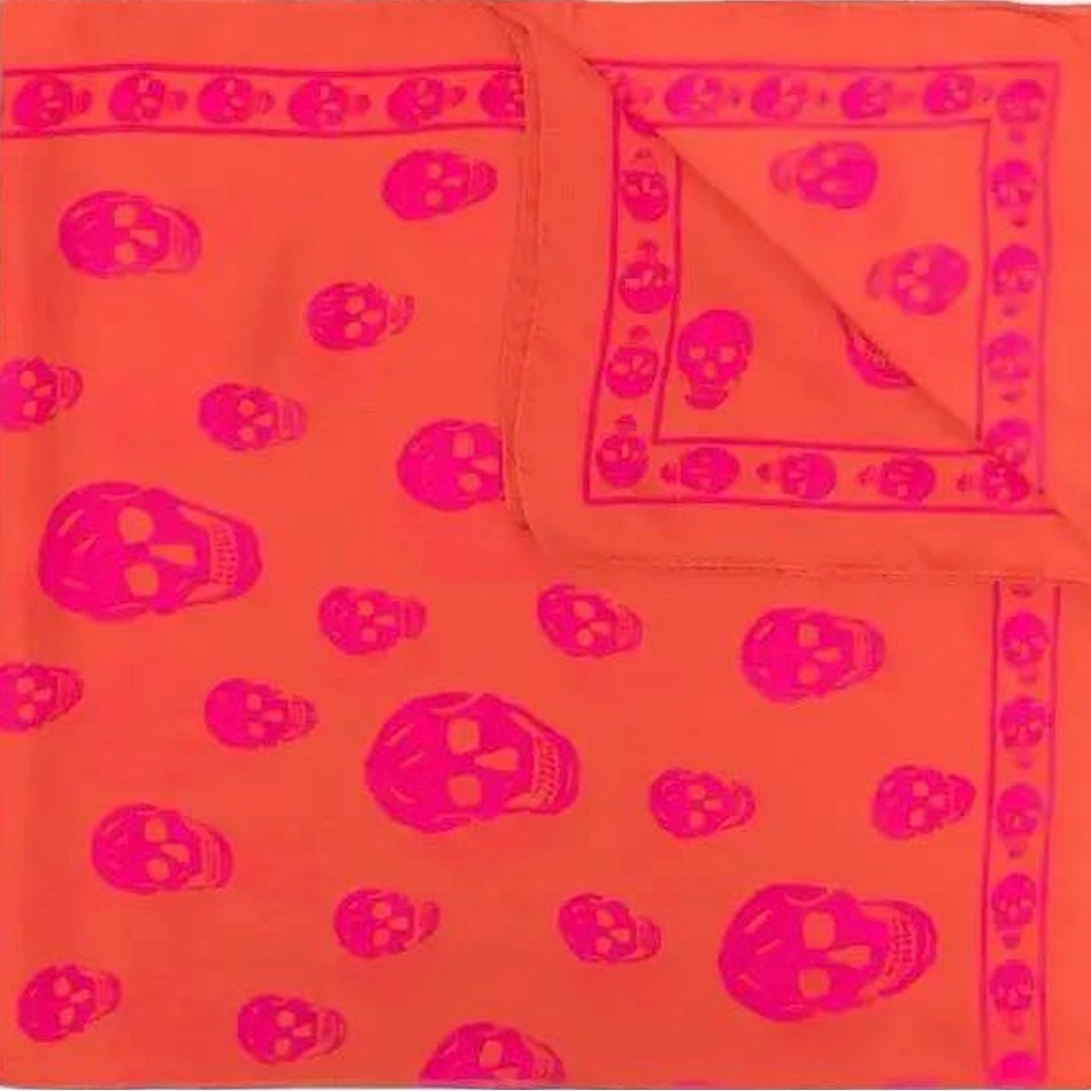 Authentic NEW Alexander McQueen Skull Motif Silk Scarf Bright Orange & Pink - Picture 3 of 9